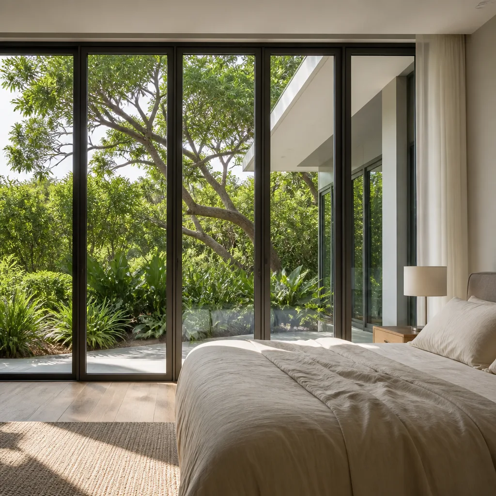 Modern floor-to-ceiling sliding glass doors in a tranquil bedroom interior