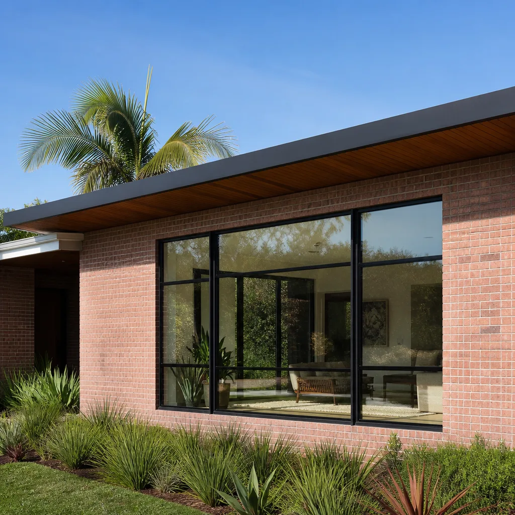 Modern home exterior featuring large black-framed windows and contemporary architectural design.