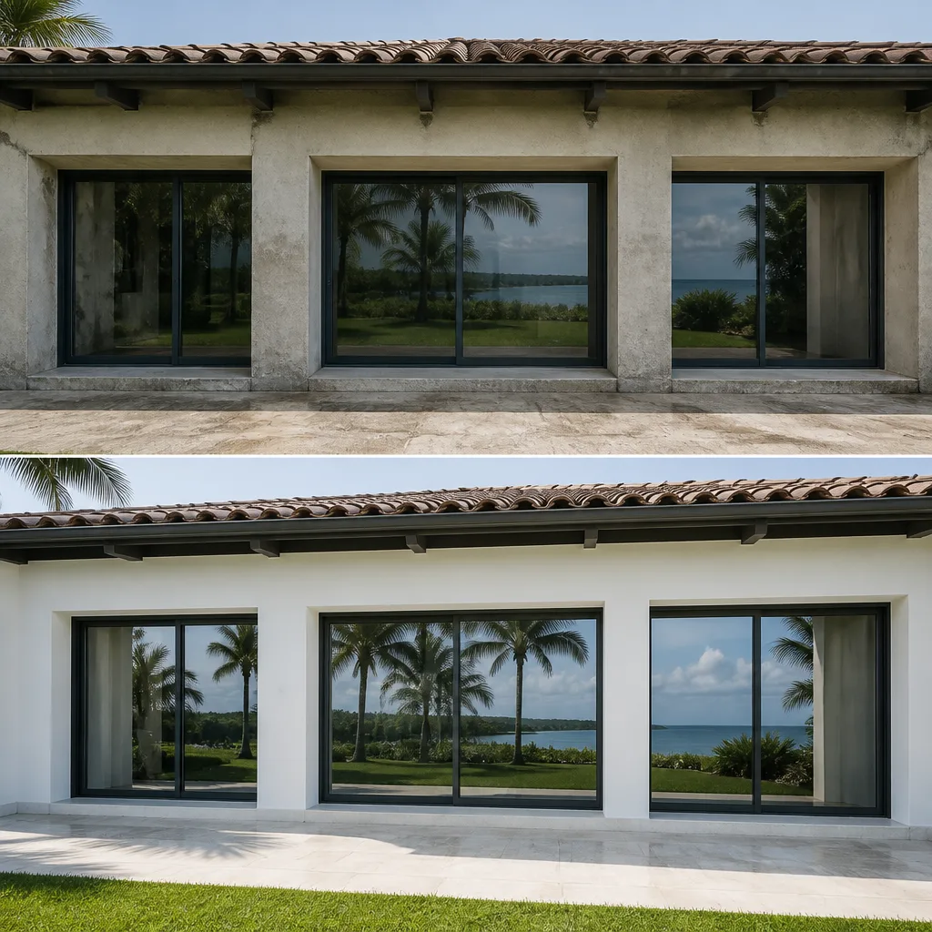 Before and after professional window replacement with modern sliding glass doors